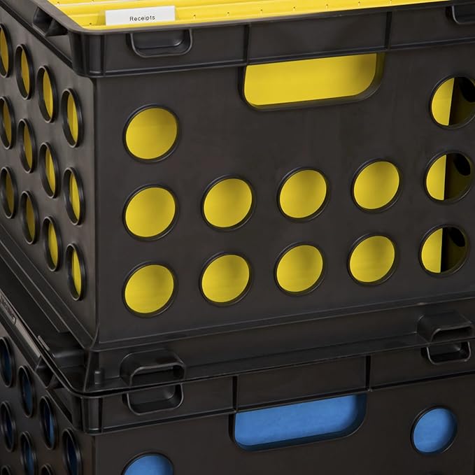 File Crate, Stackable Plastic Storage Bin with Handles,Organize Files at Home, Garage, Office, School, Black