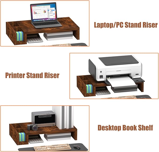 Wooden Single Monitor Stand Riser, 16" Long with Storage Pen Holders, Laptop Desk Stand, Desktop Shelf Office Desk Accessories, Computer Monitor Riser for Home Office, Rustic Brown (Single)