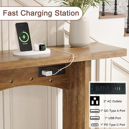 43" Console Table with Charging Station, Farmhouse Entryway Table, Entryway Table with Storage for Living Room or Foyer, Sofa Table for Hallway with Anti-Tip, Easy Assembly, Brown