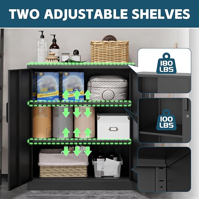 MIIIKO Metal Storage Cabinet with Locking Doors, 2-Door Storage Locker with 2 Shelves, Black Metal Cabinet with Lock for Home Office, Garage, Utility Room, Kitchen and School