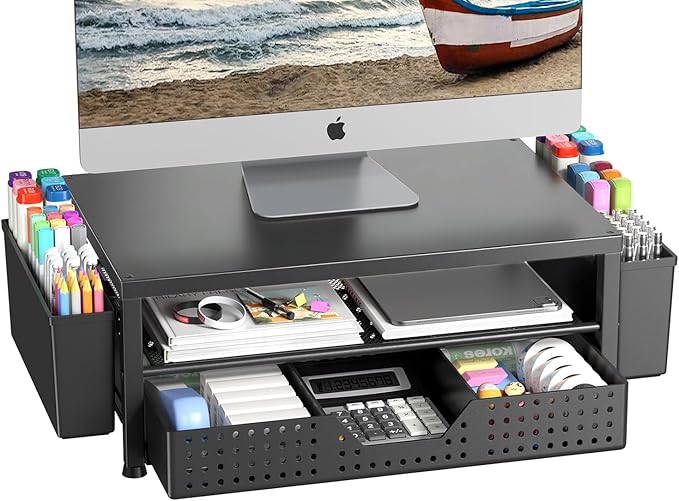 Wood Metal Monitor Stand Riser, Laptop Stand for Desk, Office Desk Organizer and Accessories, Computer Desktop Shelf with Drawer and Pen Holder, Printer Stand for Home, Office, Dorm (Black Wood)
