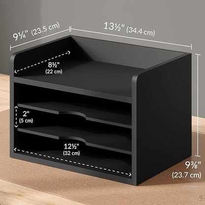 Ballucci File Organizer, 4-Tier Office Desk Organizer, Open Top Wood Paper Organizer for Classroom, Desktop Mail Sorter Paper Tray, Black