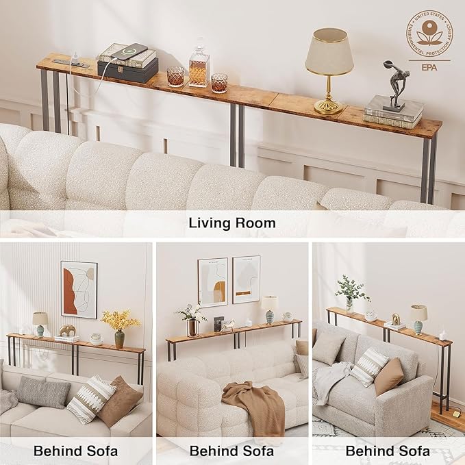 78" Narrow Console Sofa Table with Power Outlets & 2 USB Ports, Metal Frame, Rustic Brown, Perfect for Hallway, Office, and Behind Sofa - Easy Assembly, 4.9' Extension Cord Included