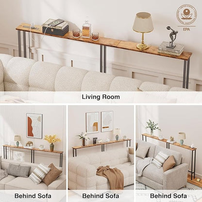 78" Narrow Console Sofa Table with Power Outlets & 2 USB Ports, Metal Frame, Rustic Brown, Perfect for Hallway, Office, and Behind Sofa - Easy Assembly, 4.9' Extension Cord Included