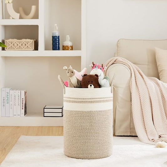 72L Large Woven Laundry Hamper by Fiona's magic, Tall Cotton Rope Storage Basket, Jute Baby Nursery Hamper for Blankets, Toys and Clothes in Bedroom and Living Room Organizing, Brown & White