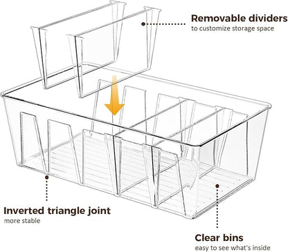 Puricon 4 Pack Pantry Organization and Storage Bins for Kitchen Fridge Countertop Cabinet, Stackable Clear Plastic Storage Racks with Removable Dividers, 5 Compartments for Snacks Packets Spices