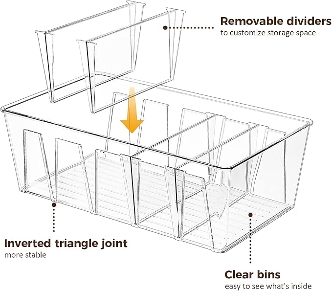 Puricon 2 Pack Pantry Organization and Storage Bins for Kitchen Fridge Countertop Cabinet, Stackable Clear Plastic Storage Racks with Removable Dividers, 5 Compartments for Snacks Packets Spices