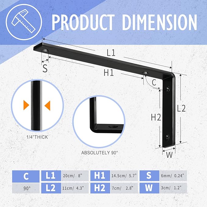CLT Black Shelf Bracket, 8” X 4.3” Quarter Inch (1/4") Thick- Max Load: 440 lb Rustic Industrial Modern Farmhouse Heavy Duty Cold Rolled Steel Bracket for Table Bench, Space Saving DIY, Pack of 4