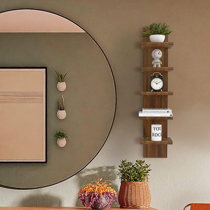5 Tier Wall Shelves Brown, Vertical Column Shelf Floating Storage Home Decor Organizer Tall Tower Design Utility Shelving Bedroom Living Room