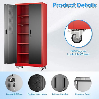 71" H Metal Garage Storage Cabinet with 5 Adjustable Shelves and Pegboard,Steel Storage Cabinet with Wheels for Garage Home Office Utility Room,Required Assembly, Red and Black