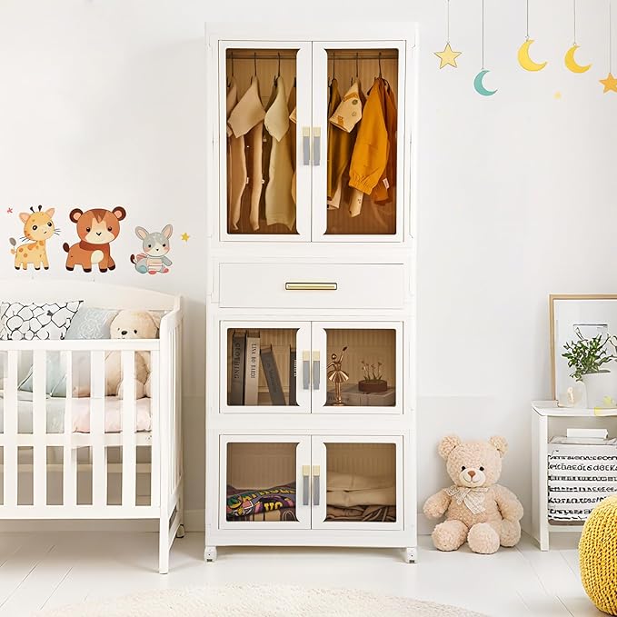 YHB Portable Storage Closet Cabinet, Easy Assembly Wardrobe Organizer with Visualization Doors, Drawers, Hanging Rods, Rolling Wheels for Pet Dog Clothes, Toys, etc for Thanksgiving & Christmas Day