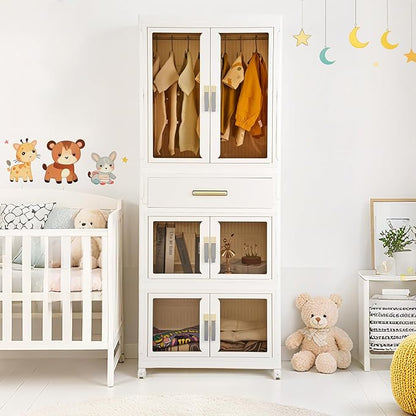 YHB Portable Storage Closet Cabinet, Easy Assembly Wardrobe Organizer with Visualization Doors, Drawers, Hanging Rods, Rolling Wheels for Pet Dog Clothes, Toys, etc for Thanksgiving & Christmas Day