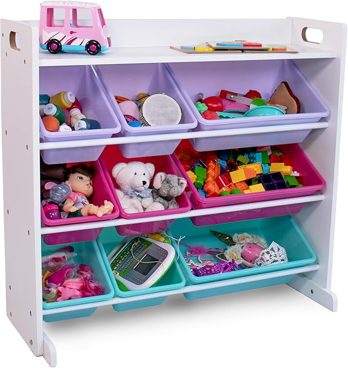 Humble Crew Crafts and Toy Storage Organizer with Top Shelf and 9 Removable Bins, White/Pink/Purple/Aqua Toddler Bookshelf with Organizer - Modern Rack Ideal for Kids' Rooms, Playrooms, and Nurseries