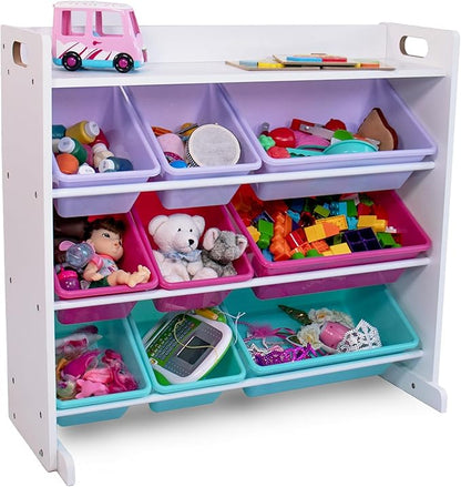 Humble Crew Crafts and Toy Storage Organizer with Top Shelf and 9 Removable Bins, White/Pink/Purple/Aqua Toddler Bookshelf with Organizer - Modern Rack Ideal for Kids' Rooms, Playrooms, and Nurseries