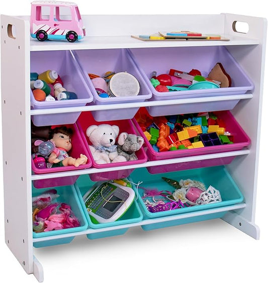 Humble Crew Crafts and Toy Storage Organizer with Top Shelf and 9 Removable Bins, White/Pink/Purple/Aqua Toddler Bookshelf with Organizer - Modern Rack Ideal for Kids' Rooms, Playrooms, and Nurseries