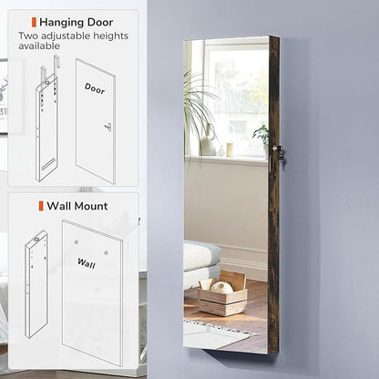 GISSAR Jewelry Organizer Full Length Mirror Jewelry Cabinet Standing/Wall Mounted Jewelry Armoire Storage with Lights Lockable, Vintage Brown