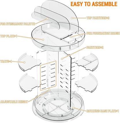 Yieach 360 Rotating Makeup Organizer for Vanity,Clear Spinning organizer and Make up organizers for Counter,Adjustable Lazy Susan Bathroom Organizer for Beauty Product and Skin Care Storage Carousel