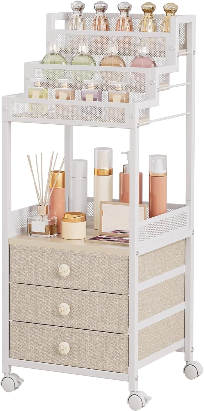 Makeup Cart Organizer with Drawers, Floor Rolling Skincare Vanity Storage Mobile Cosmetic Display Case Stand for Makeup Brushes, Nail Polish, Perfume Organizer for Women Matte White