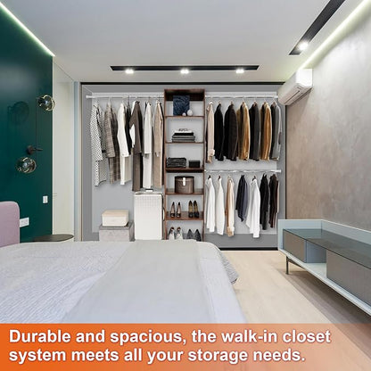 Wall-Mounted Closet Organizer System with Adjustable Shelves and Hanging Rods – Modern Open Wardrobe, Walnut