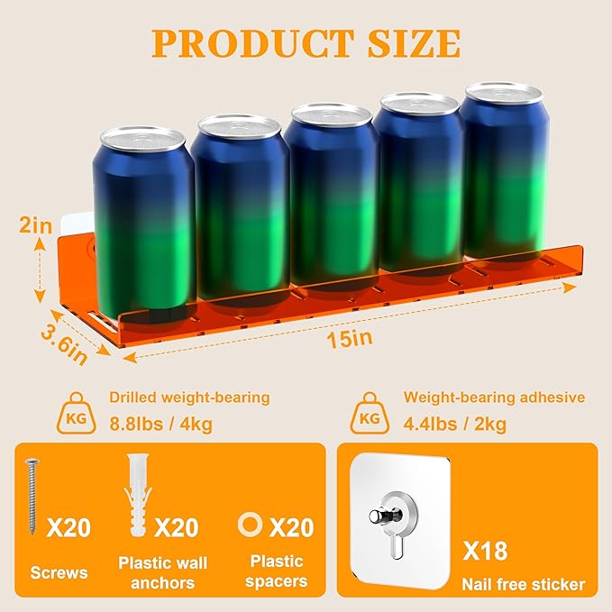 6 Pack Floating Shelves –15'' Orange Acrylic/PET Wall-Mounted No Drill Storage with Adhesive, Bathroom & Bedroom Shelving for Kitchen, Living Room, Home Decor