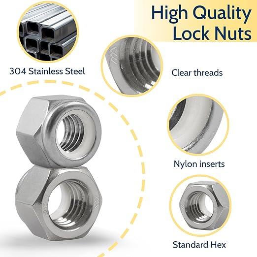 150 Pack 10#24 Nylon Insert Locknuts,304 (A2-70) Stainless Steel Lock Nuts,Standard Inch Thread Nylock Nuts