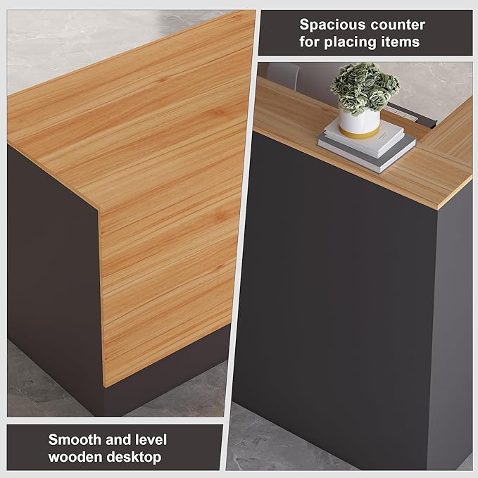 L-Shaped Reception Desk with Lockable Drawers, Adjustable File Cabinet & Keyboard Tray, Modern Front Counter for Office, Salon, or Lobby (Left-L Natural Wood/Slate Gray, 70.9''L x 23.6''W x 41.3''H)
