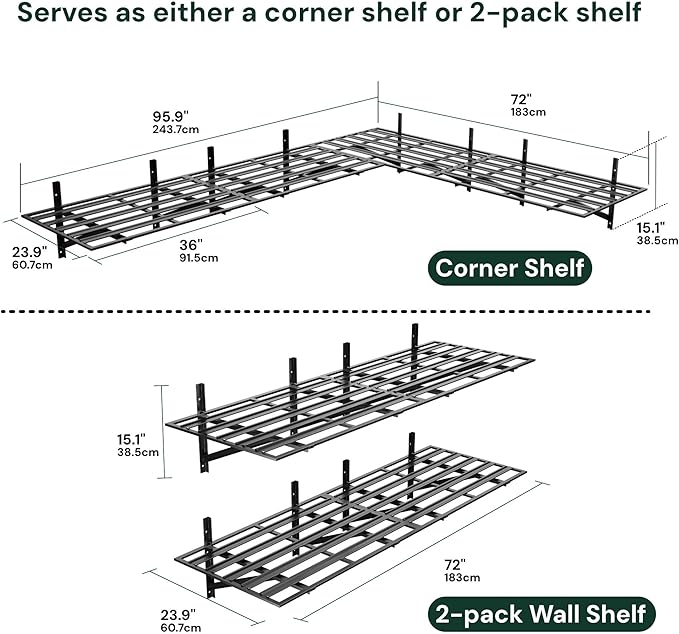SunsGrove 4 Pack 2x3ft Heavy Duty Garage Wall Shelving, 1600LB Weight Capacity, 24"x36" Adjustable Commercial Grade Steel Storage Rack for Garage, Basement, Warehouse (Black)