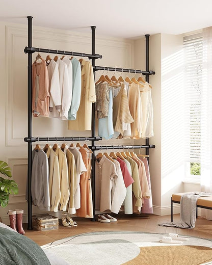Floor to Ceiling Clothes Rack, Heavy-Duty Telescopic Garment Rack, 43–122in Height & 30–47in Width, 220lbs Total Load Capacity, 4-Pole, Black