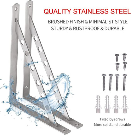 YUMORE 16 inch Stainless Steel Shelf Brackets, Heavy Duty Solid Shelf Support, Max Load: 550lb Corner Brace Joint Right Angle Bracket, Pack of 2