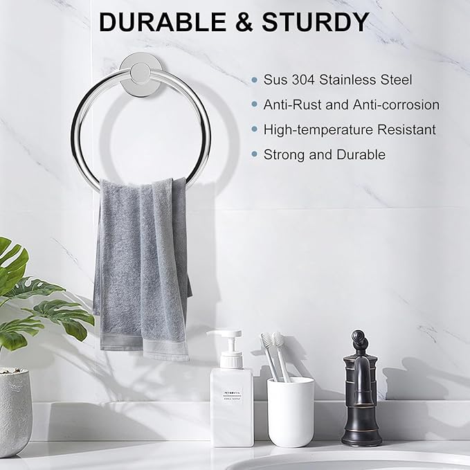 SetSail Towel Holder for Bathroom Wall 4 Packs Towel Ring Stainless Steel Heavy Duty Hand Towel Hanger for Bathroom Screw-in, Mirror Silver