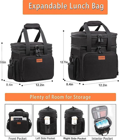 Expandable XLarge Lunch Box, Insulated Heavy Duty Lunch Bag Waterproof Leakproof Durable Cooler Bag for Men Women Adults Work Construction Camping Trip, 22L, Black, GLENKEY