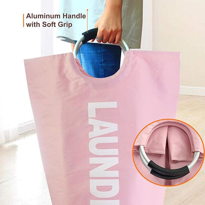 Mziart Large Laundry Basket with Padded Handles, Oxford Fabric Laundry Hamper Tall Laundry Bag Clothes Hamper Laundry Bin Storage Organizer for Bedroom Bathroom College Dorm (90L Pink)