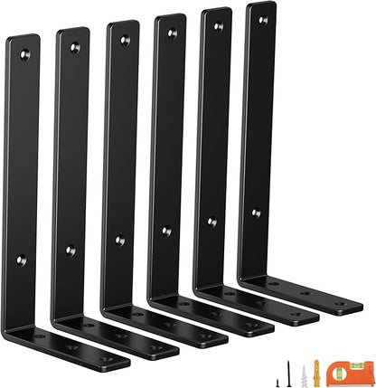 6-Pack 10 Inch Heavy Duty Shelf Brackets, Premium Floating L Bracket for Wall, Kitchen, Mantel Shelves Support | Quarter Inch (1/4") Thick | Black Powder Coated Steel