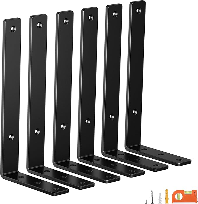 6-Pack 6 Inch Heavy Duty Shelf Brackets, Premium Floating L Bracket for Wall, Kitchen, Mantel Shelves Support | Quarter Inch (1/4") Thick | Black Powder Coated Steel
