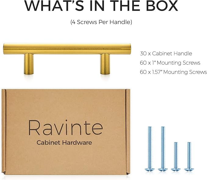 Ravinte 30 Pack | 5'' Cabinet Pulls Brushed Brass Stainless Steel Kitchen Drawer Pulls Cupboard Pulls Cabinet Handles 5”Length with 3” Hole Center