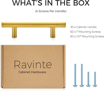 Ravinte 30 Pack | 5'' Cabinet Pulls Brushed Brass Stainless Steel Kitchen Drawer Pulls Cupboard Pulls Cabinet Handles 5”Length with 3” Hole Center