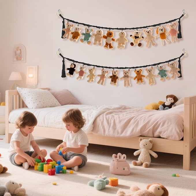 1/2 pcs 80" Cotton Hanging Storage Chain For Stuffed Animals Storage with 20 Metal Clips, Stuffed Animal Organizer Chain for Wall Corner Nursery Play Room, Black