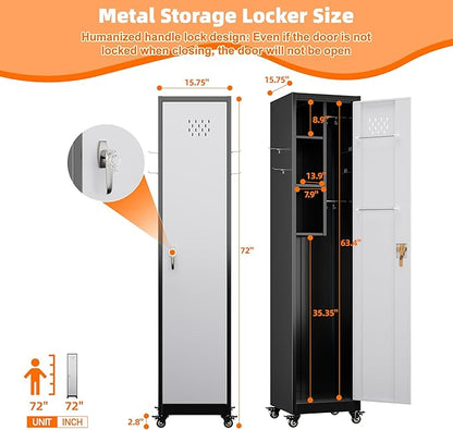 Aobabo 72" H Broom Closet Storage Cabinet, Lockable Metal Cleaning Storage Cabinet with Hooks for Home, Assembly Required Black Gray