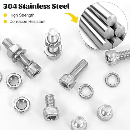 960pcs M2.5 Screws with Nuts Assortment kit, M2.5x4/6/8/10/12/16/20/25 mm 304 Stainless Steel Hex Socket Head Bolts with Flat & Lock Washers Assorted Set