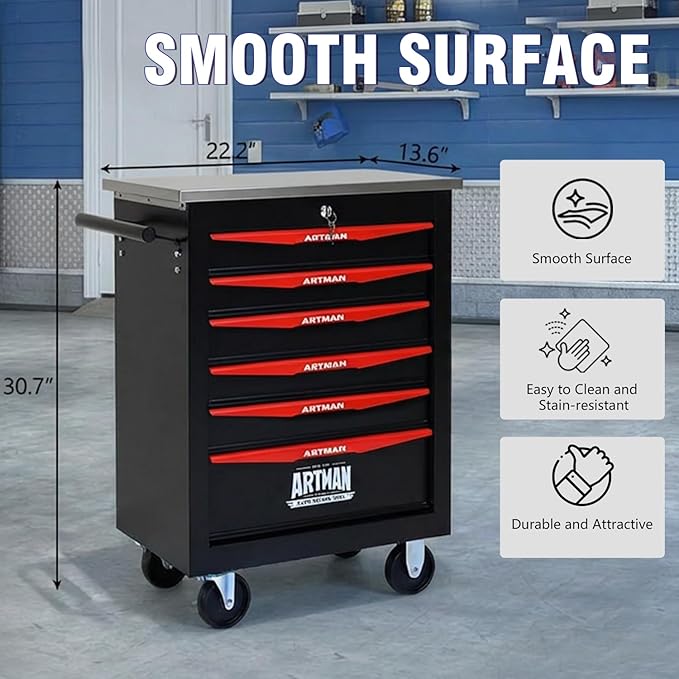 6-Drawer Rolling Tool Chest with Stainless Steel Countertop, Tool Chest with Secure Locking System, Mobile Storage Tool Cabinet with 360°Wheels and Padded Feet for Garage,Home (Black+Red)