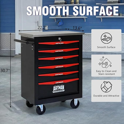 6-Drawer Rolling Tool Chest with Stainless Steel Countertop, Tool Chest with Secure Locking System, Mobile Storage Tool Cabinet with 360°Wheels and Padded Feet for Garage,Home (Black+Red)