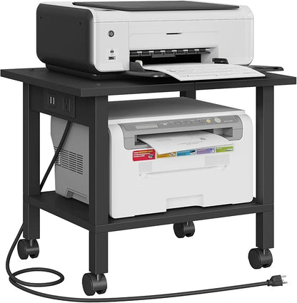 TUTOTAK 2 Tier Printer Stand, Rolling Printer Cart with Power Outlets and USB Ports, Mobile Printer Table with Wheels, for Under Desk, Office, Home, Black PS01BK001P