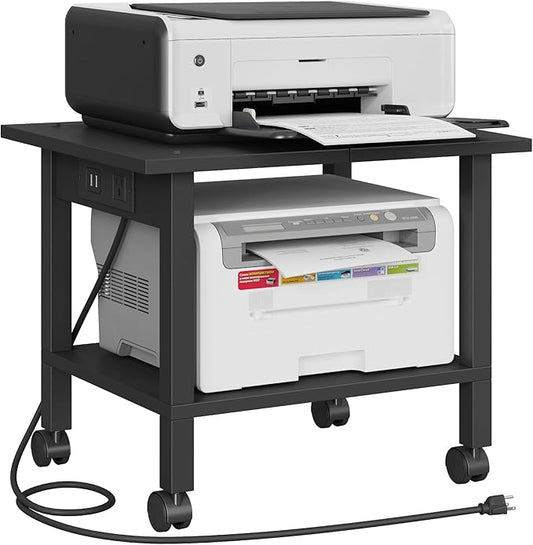 TUTOTAK 2 Tier Printer Stand, Rolling Printer Cart with Power Outlets and USB Ports, Mobile Printer Table with Wheels, for Under Desk, Office, Home, Black PS01BK001P