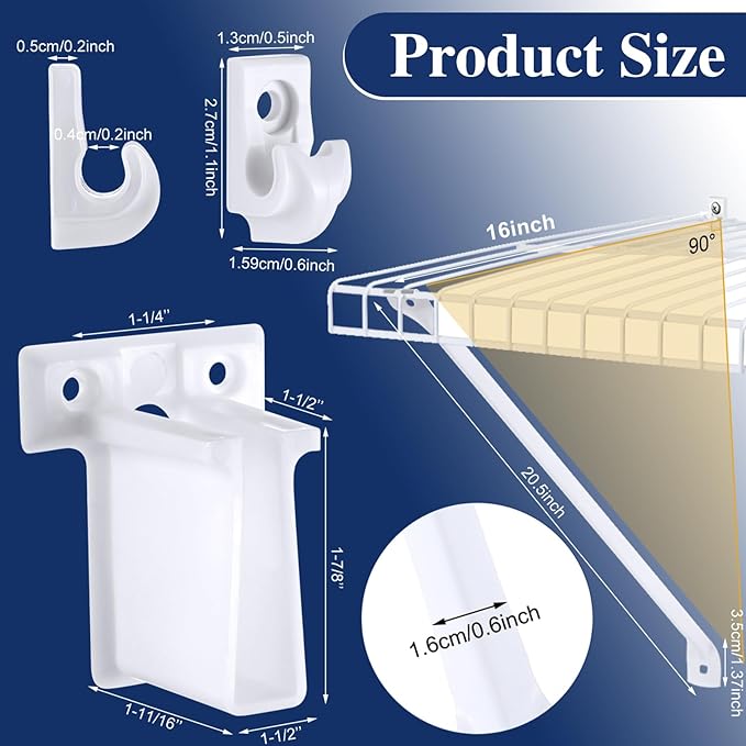 Hicarer 16 Pcs Wire Shelf Support Brackets Kit for 16 Inch, Include 4 Mental Closet Support Brace 8 White Down Wall Clips and 4 Wire Shelf End Brackets with Screws for Wardrobe