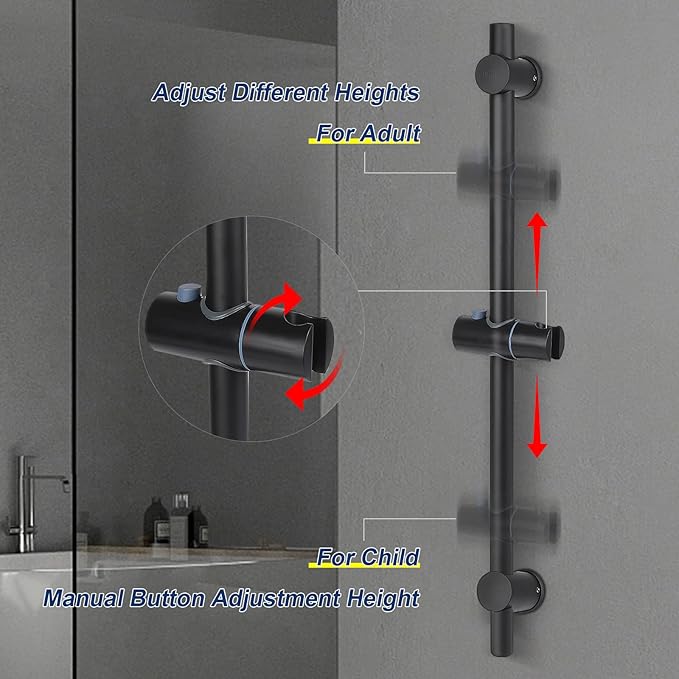NearMoon Shower Slide Bar with Height/Angle Adjustable Handheld Shower Holder, Bathroom SUS 304 Stainless Steel Shower Head Holder for Bath (Screw Mounted, Matte Black)