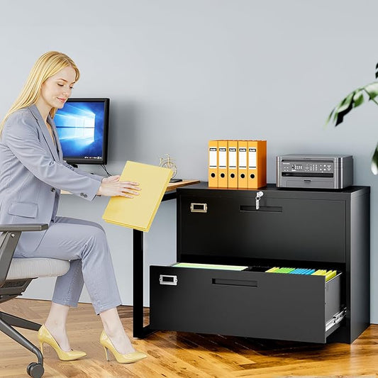 2 Drawer File Cabinets for Home Office, Metal Filing Cabinet with Lock, Black Locking File Caninet Two Drawer, Office Storage Caninets Steel Cabnet for Letter/Legal/A4/F4-Assembly Required