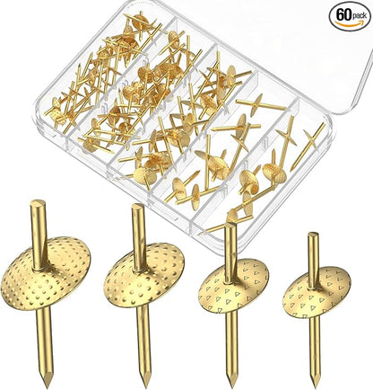 Uniclife 60 Pcs Picture Hangers, Picture Hanging Kit, 4 Size Picture Hanging Hooks, Picture Hanging Nails, Long Picture Hooks for Photo Frame Art Mirror and Décor, Gold