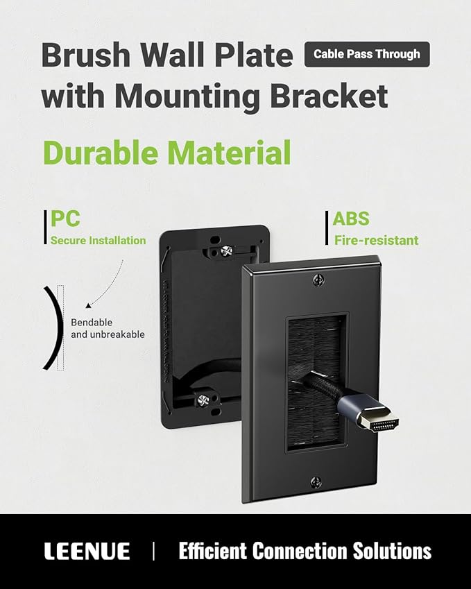 Brush Wall Plate with Mounting Bracket, 4 Pack Cable Pass Through Decorator Cover for Low Voltage Wires, Single Gang Cord Hider for TV Home Theater System, Black