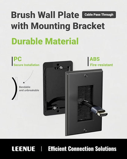 Brush Wall Plate with Mounting Bracket, 4 Pack Cable Pass Through Decorator Cover for Low Voltage Wires, Single Gang Cord Hider for TV Home Theater System, Black