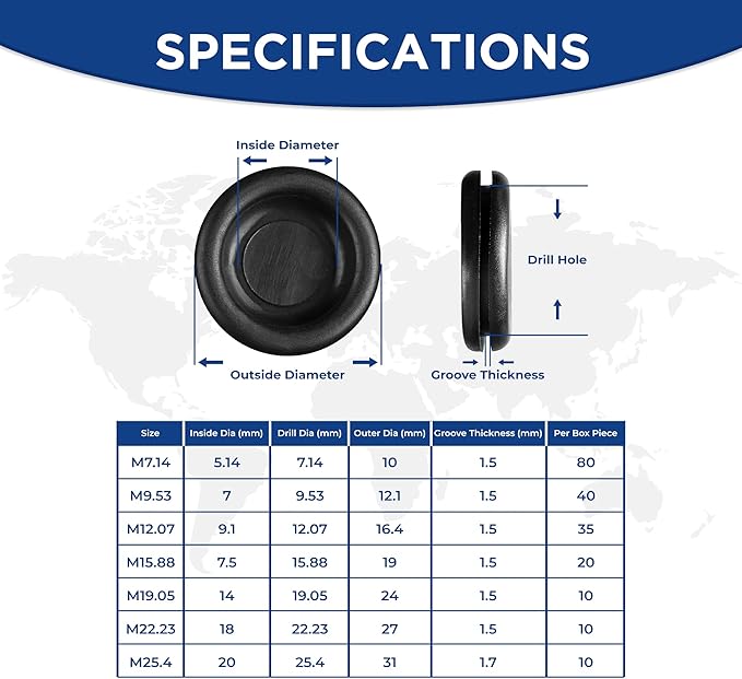 Rubber Plugs for Round Holes-205pcs Assorted Rubber Grommets in 7 Sizes M25.4, M22.23, M19.05, M15.88, M12.07, M7.14, M9.53-Waterproof Rubber Grommet Kit Wire Grommet Perfect for Sealing Auto Panel